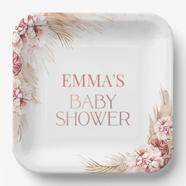 Boho Pampas Grass Baby Shower Paper Paper Plate (Front)