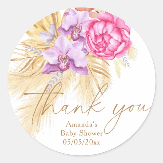 Boho pampas grass - Baby shower thank you Classic Round Sticker (Front)
