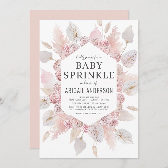 Boho Pampas Grass Baby Sprinkle Elegant Invitation (Front/Back)