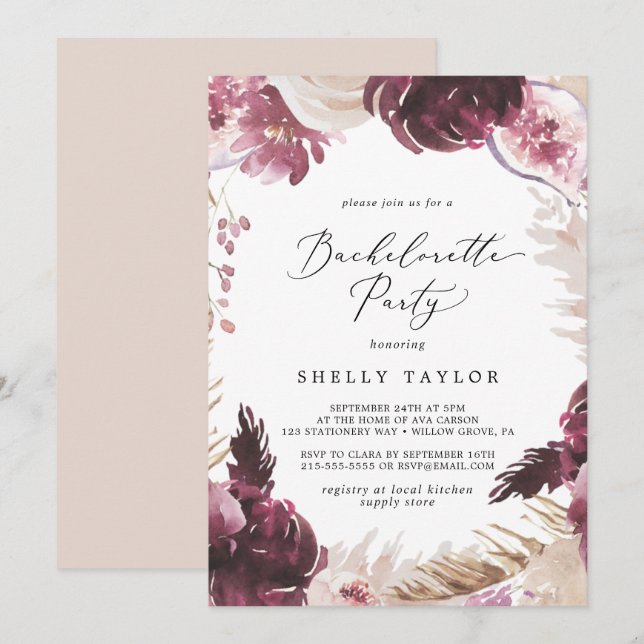 Boho Pampas Grass Bachelorette Party Invitation (Front/Back)