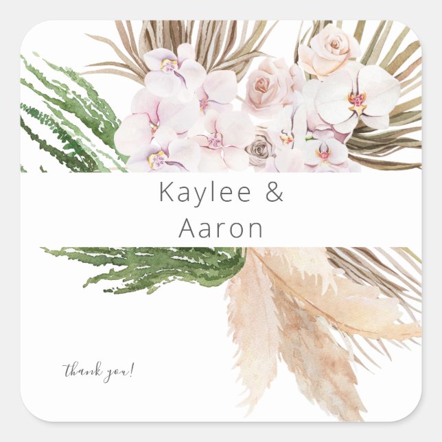 Boho Pampas Grass Beach Floral Thank You Square Sticker (Front)