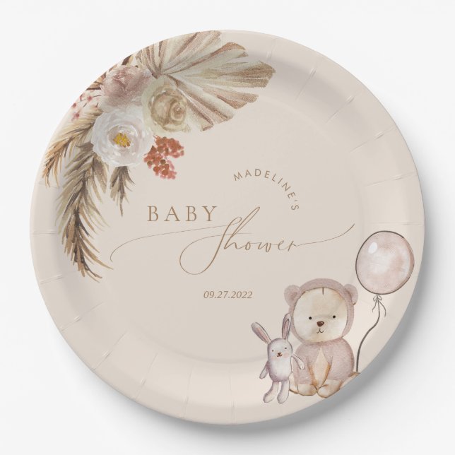 Boho Pampas Grass Bear Balloon Baby Shower Paper Plate (Front)