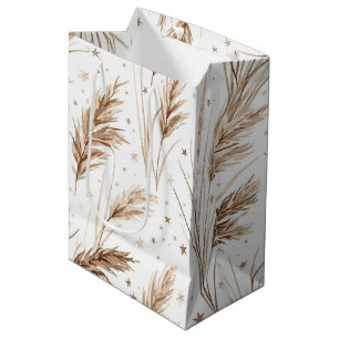 Boho Pampas Grass Beige Brown Star Pattern (1) Medium Gift Bag