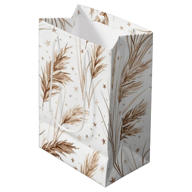 Boho Pampas Grass Beige Brown Star Pattern (1) Medium Gift Bag (Front Angled)
