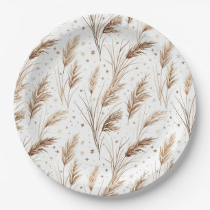 Boho Pampas Grass Beige Brown Star Pattern (1) Paper Plate