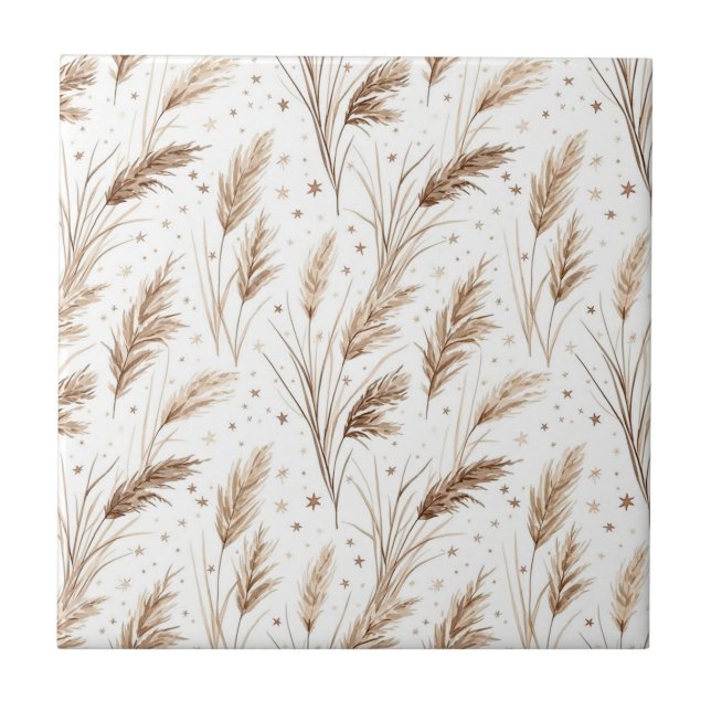 Boho Pampas Grass Beige Brown Star Pattern (1) Tile (Front)