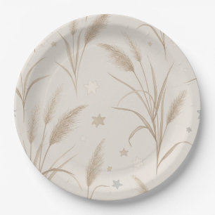 Boho Pampas Grass Beige Brown Star Pattern (2) Paper Plate