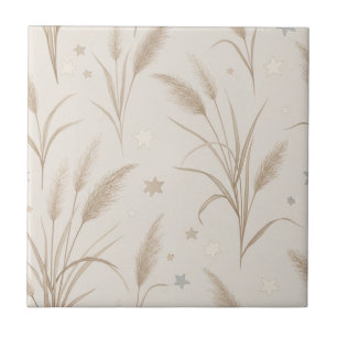 Boho Pampas Grass Beige Brown Star Pattern (2) Tile