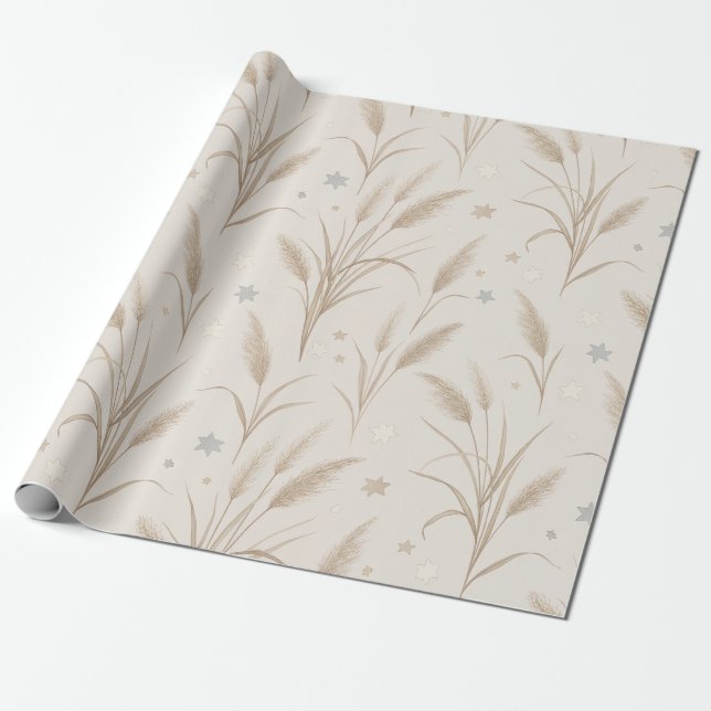 Boho Pampas Grass Beige Brown Star Pattern (2) Wrapping Paper (Unrolled)