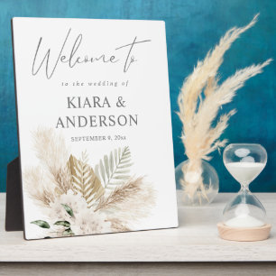 Boho Pampas Grass Beige & Floral Bienvenue Plaque