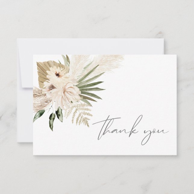 Boho Pampas Grass & Beige Floral Carte de remercie (Devant)