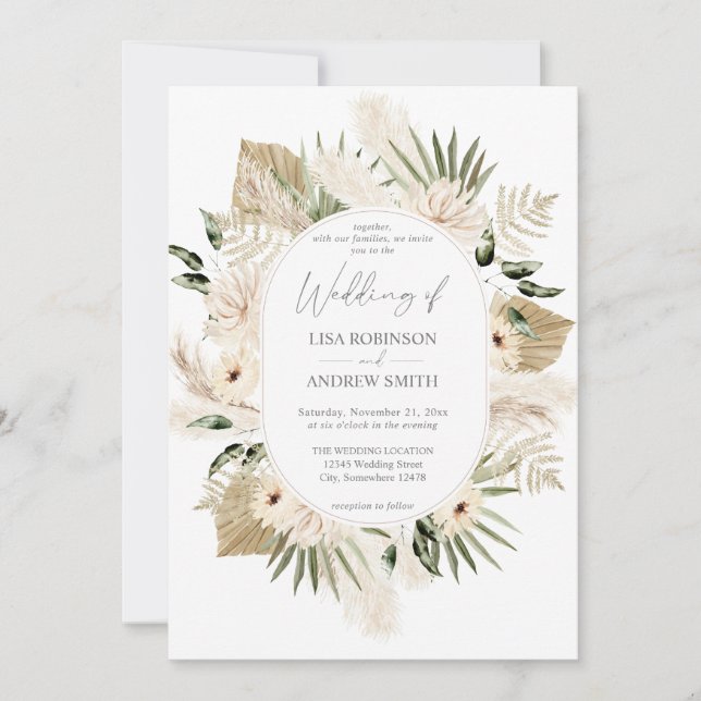 Boho Pampas Grass & Beige Floral Wedding Invitation (Front)