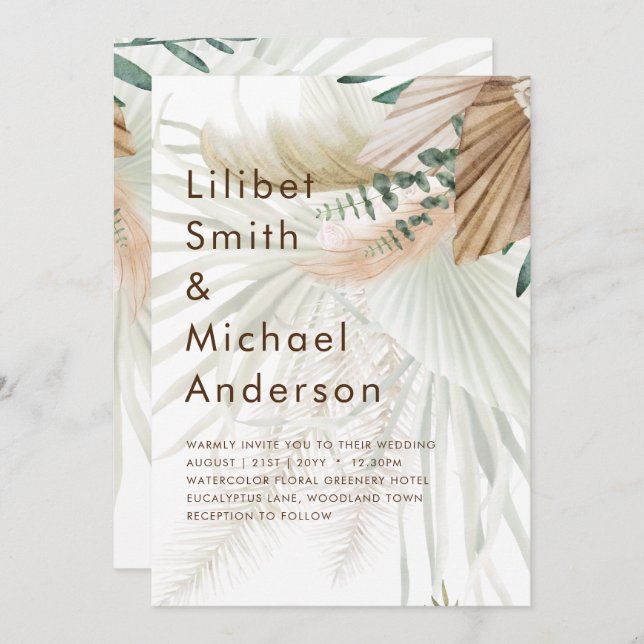 BOHO Pampas Grass Beige Green Terracotta Wedding Invitation (Front/Back)