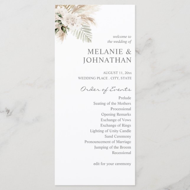 Boho Pampas Grass & Beige L Wedding Ceremony  Program (Front)
