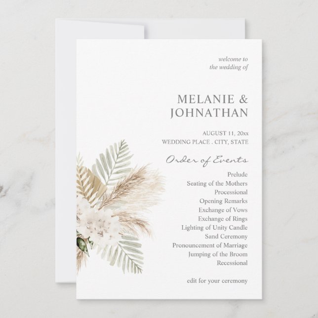 Boho Pampas Grass & Beige Wedding Ceremony Program (Front)