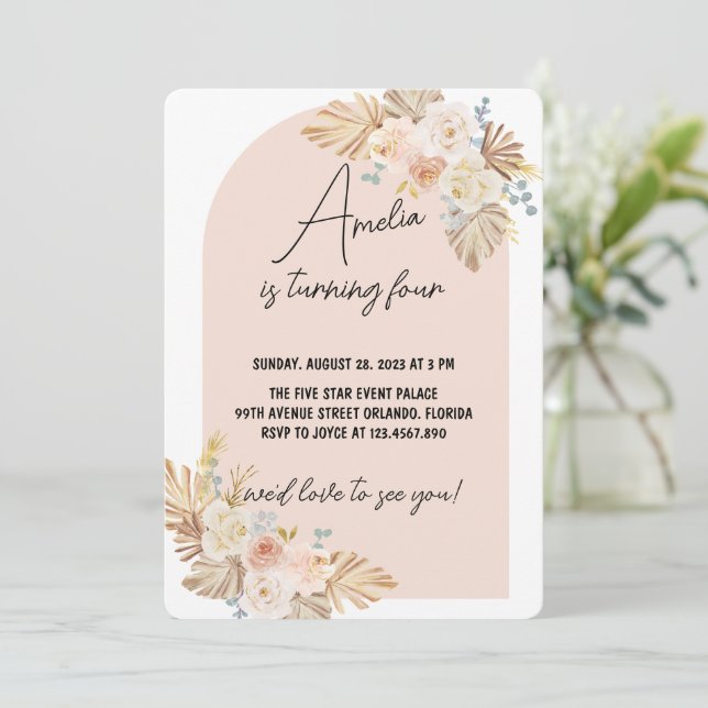 Boho Pampas Grass Birthday Invitation (Standing Front)