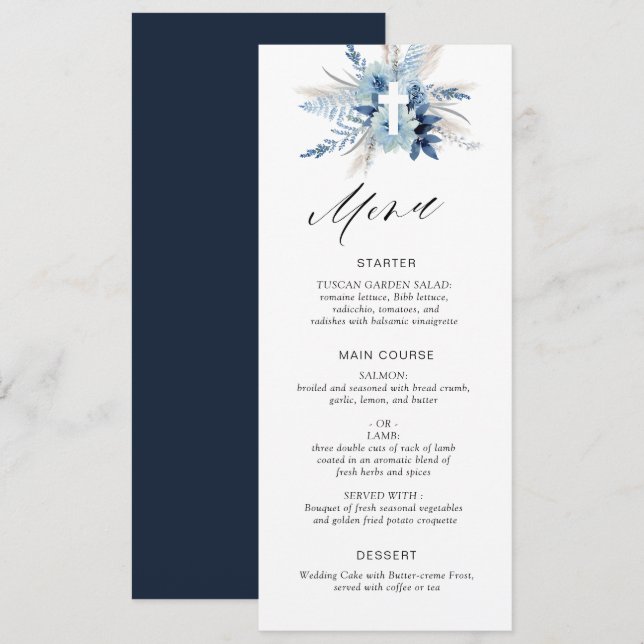 boho pampas grass blue floral menu card (Front/Back)