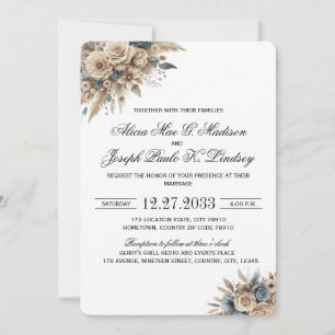 Boho Pampas Grass Blue Florals Elegant Invitation