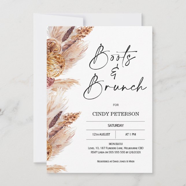 Boho Pampas Grass Boots Brunch Bridal Shower Invitation (Front)