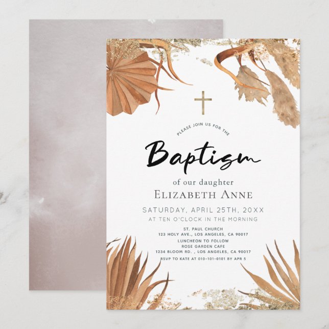 Boho Pampas Grass Botanical Baptism Invitation (Front/Back)