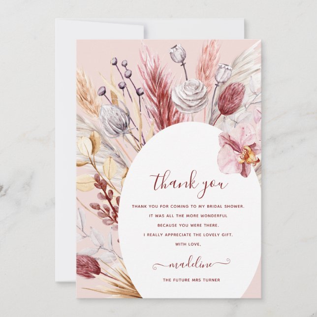 Boho Pampas Grass Bridal Shower Thank You Card (Front)