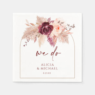 Boho Pampas Grass & Burgundy Arch Wedding Napkin