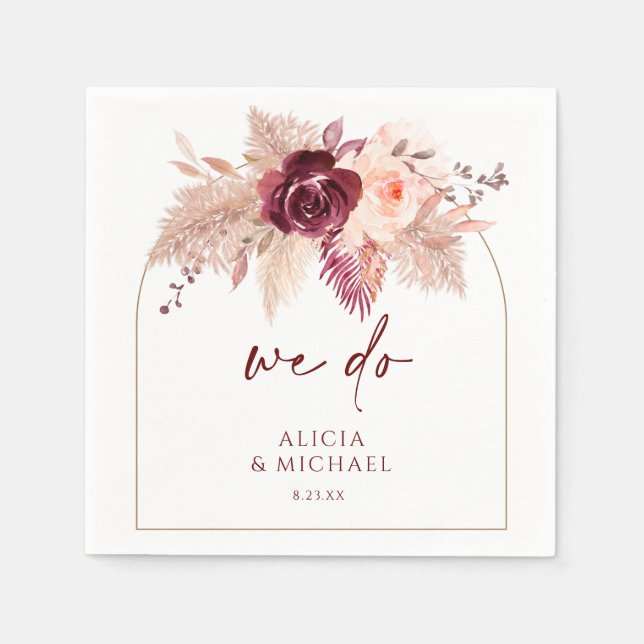 Boho Pampas Grass & Burgundy Arch Wedding Napkin (Front)