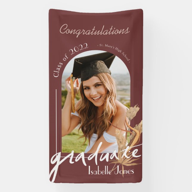 Boho Pampas Grass Burgundy Photo Graduation Banner (Vertical)