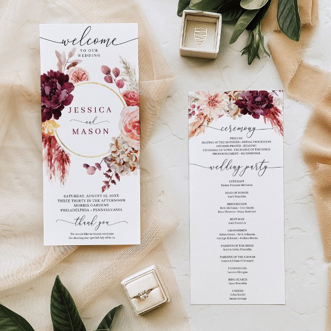 Boho Pampas Grass Burgundy Wedding Program (Creator Uploaded)