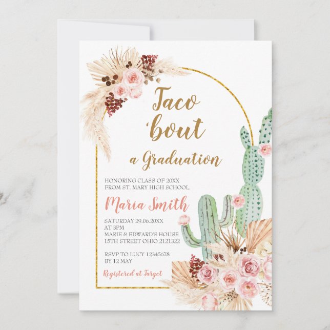 Boho Pampas Grass cactus Taco 'bout a Graduation  Invitation (Front)