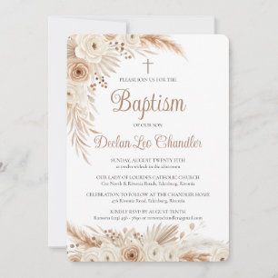 Boho Pampas Grass Catholic Baptism Invitation