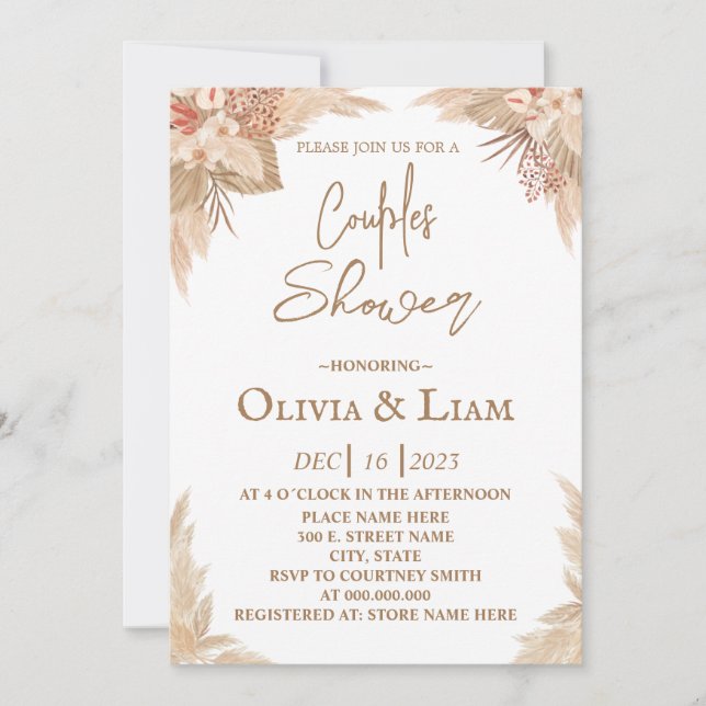 Boho Pampas Grass Couples Shower Invitation (Front)