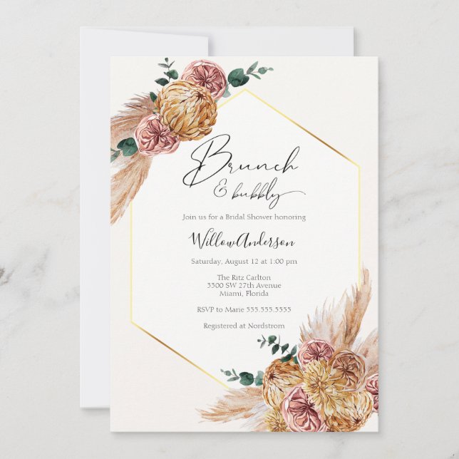 Boho Pampas Grass Dried Bouquet Brunch and Bubbly Invitation (Front)