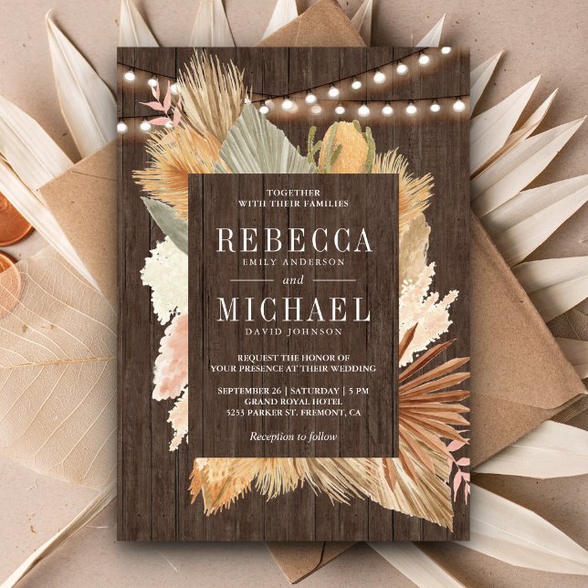 Boho Pampas Grass Dried Palm Leaves Wood Wedding Invitation (Creator Uploaded)