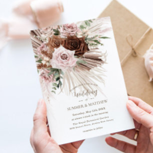 Boho Pampas Grass Dusty Pink Brown Floral Wedding Invitation