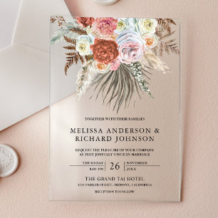 Boho Pampas Grass Earthy Floral Terracotta Wedding Acrylic Invitations
