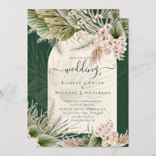 BOHO Pampas Grass Emerald Green Wedding Invitation