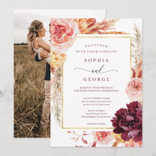 Boho Pampas Grass Faire-part de mariage (Devant / Derrière)