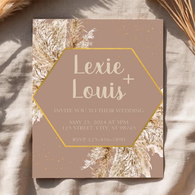 Boho Pampas Grass Faire-part de mariage — Beige/Bl (Créateur téléchargé)