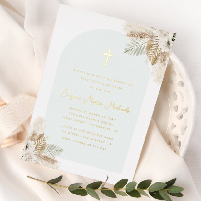 boho pampas grass first communion foil invitation (Creator Uploaded)
