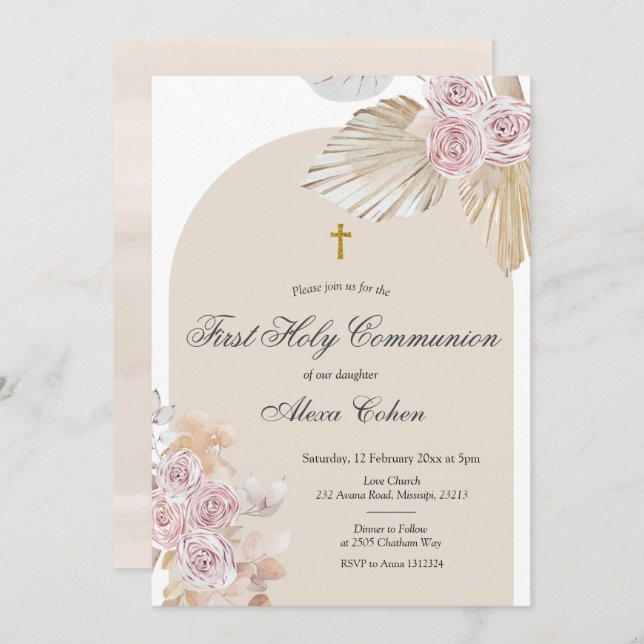 Boho Pampas Grass First Holy Communion Invitation (Front/Back)