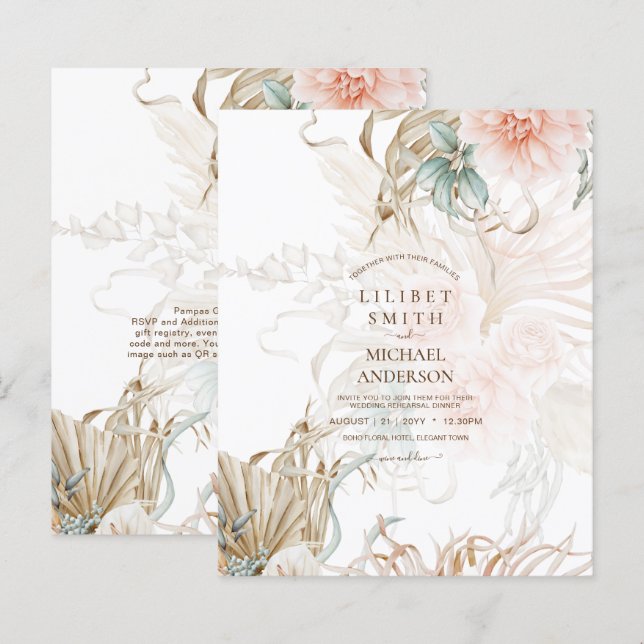 BOHO Pampas Grass Floral Coral Sage Wedding (Front/Back)