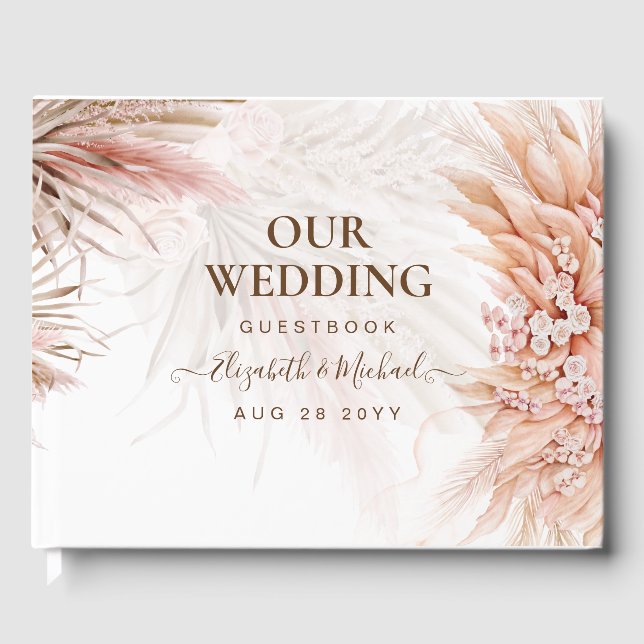 BOHO Pampas Grass Floral Coral Sage Wedding Guest Book (Front)