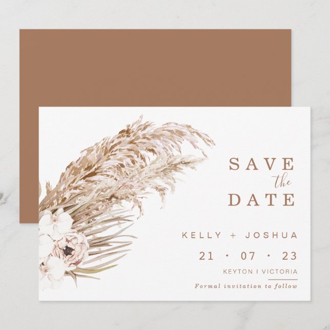 Boho Pampas Grass Floral Enregistrer la carte Date (Devant / Derrière)