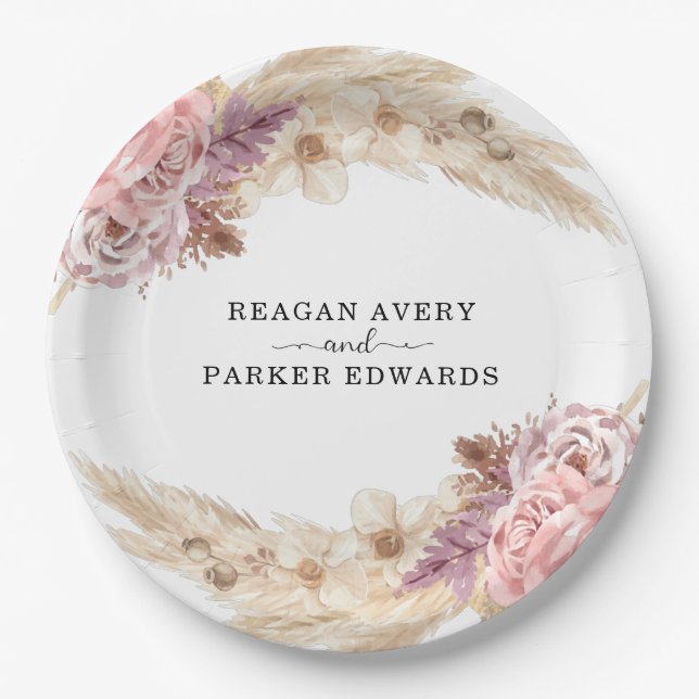 Boho Pampas Grass Floral Purple Wedding Paper Plate (Front)