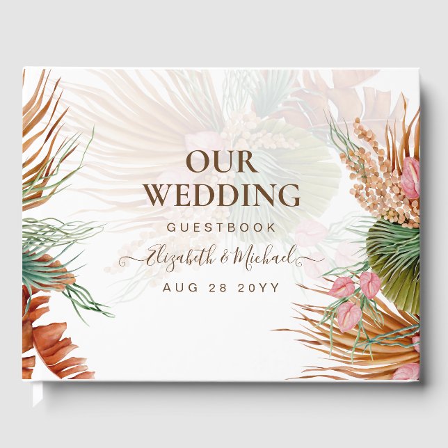 BOHO Pampas Grass Floral Tropical Wedding Guest Bo Guest Book (Front)