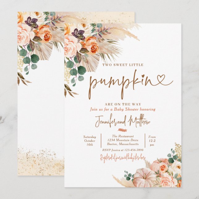 Boho Pampas Grass Floral Twin Pumpkin Baby Shower Invitation (Front/Back)