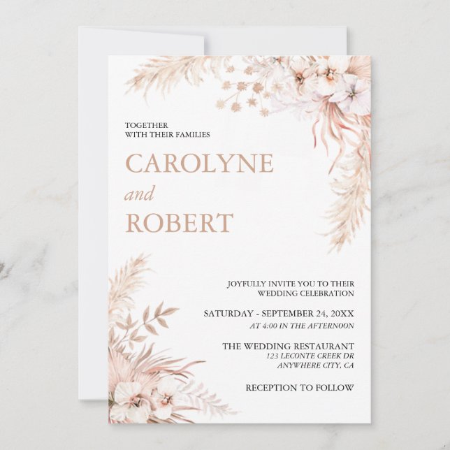 Boho Pampas Grass Floral Wedding Invitation (Front)