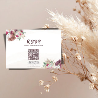 Boho Pampas Grass Floral Wedding RSVP QR Code  Card