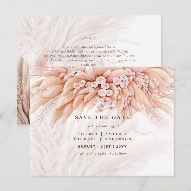 BOHO Pampas Grass Floral Wedding Save The Date Pos Postcard (Front/Back)